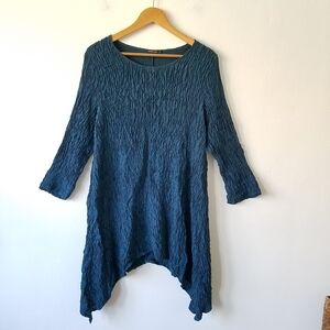 Grizas Silk Blend Crinkle Lagenlook Asymmetric Blue Tunic Top Size Large
